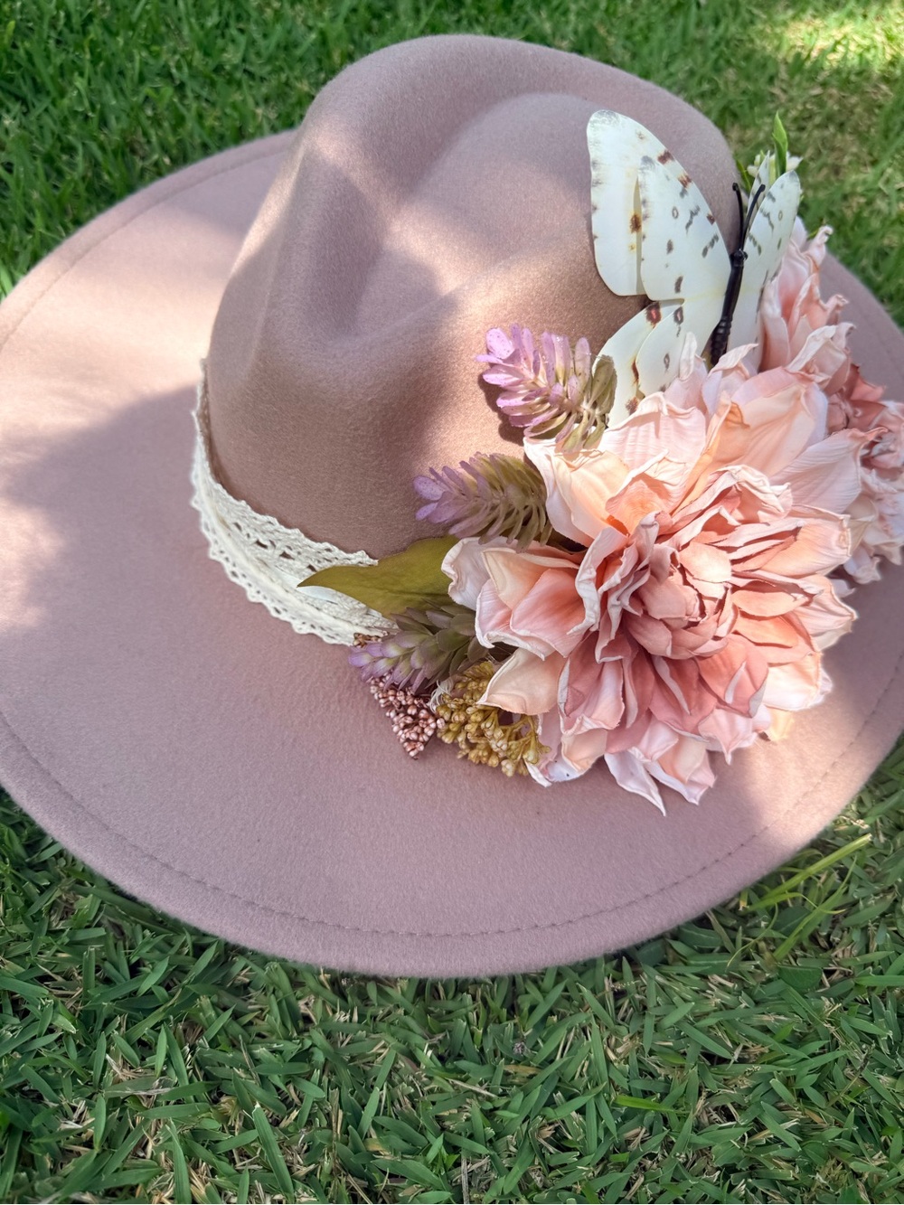 Women’s handmade Wide Brim Floral Accent Pink Felt Hat
